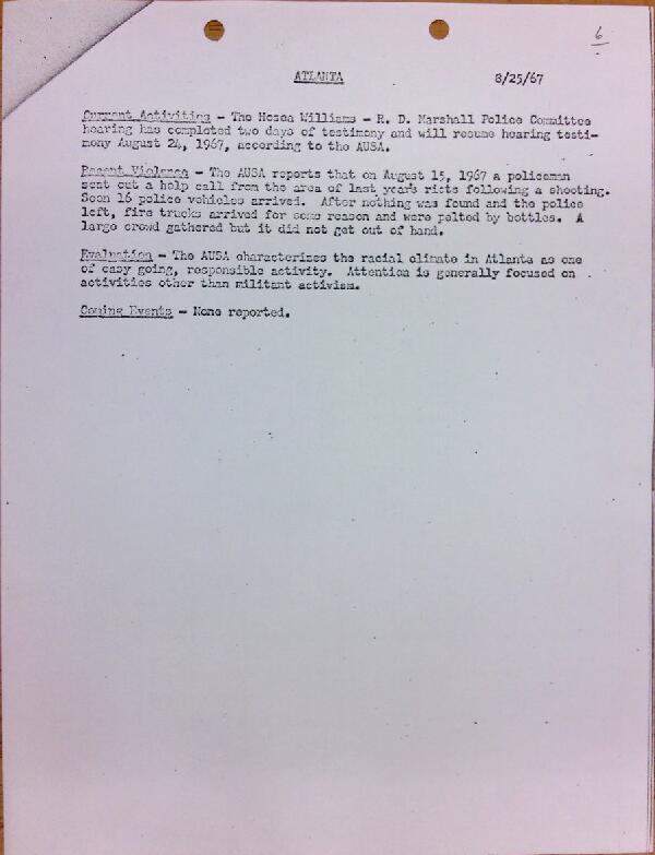 First page of Atlanta report of activities (August 25)