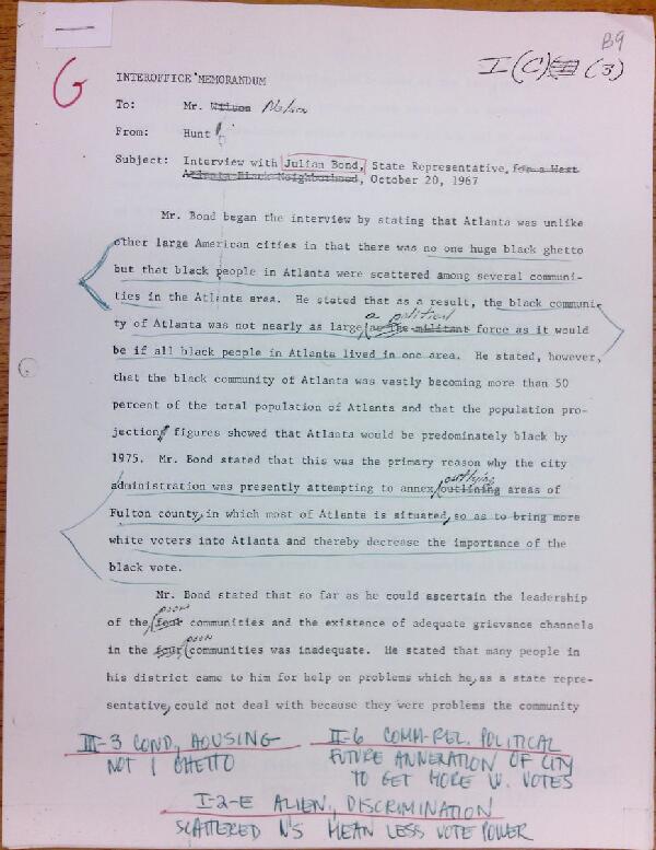 First page of Memo to Mr. Nelson from Isaac Hunt regarding an interview with Julian Bond - with handwritten notes