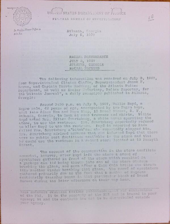 First page of FBI Report: Racial Disturbance July 3, 1967 Atlanta, Georgia Racial Matters (July 5)