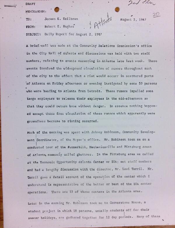 First page of Daily report memo from Robert Hughes to Jerome Heilbron (August 2)