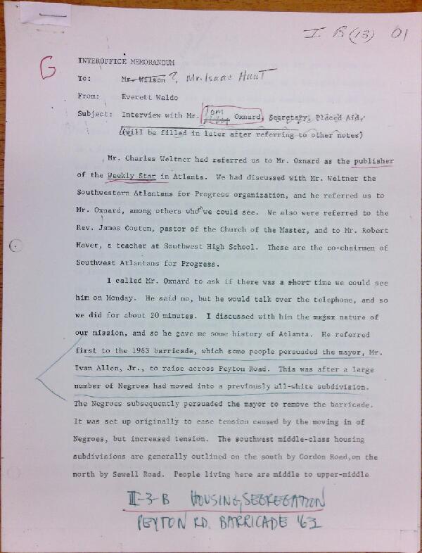 First page of Memo to Isaac Hunt from Everett Waldo regarding an interview with Tom Oxnard - with handwritten notes