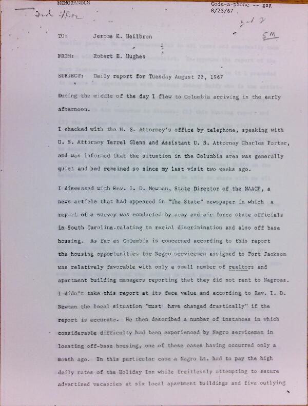 First page of Daily report memo from Robert Hughes to Jerome Heilbron (August 22)