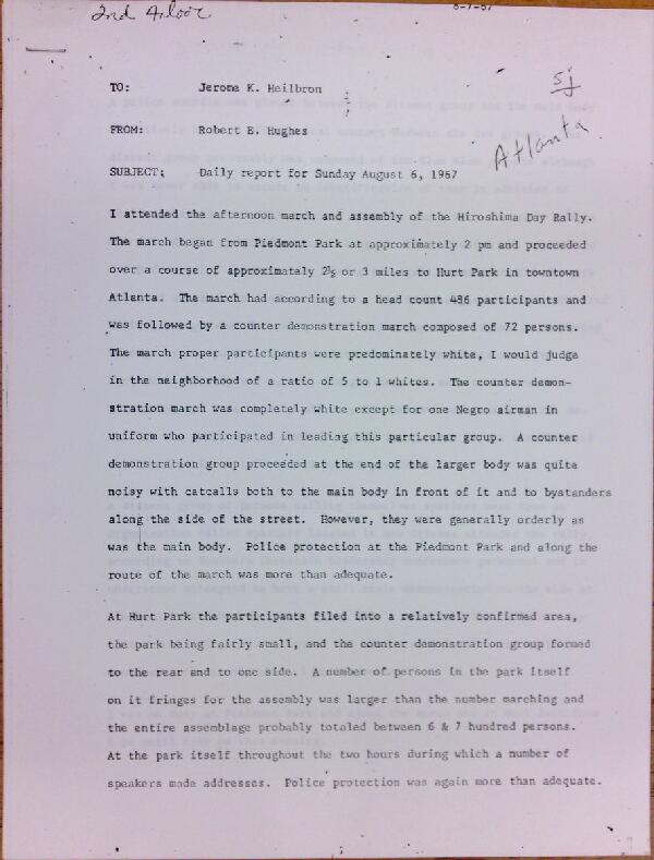 First page of Daily report memo from Robert Hughes to Jerome Heilbron (August 6)