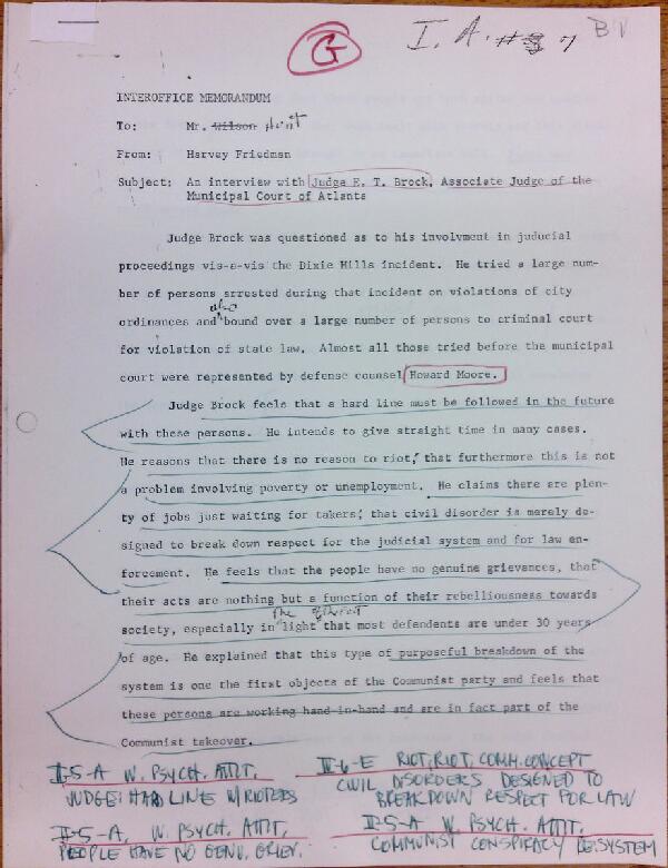 First page of Memo to Isaac Hunt from Harvey Friedman regarding an interview with Judge E.T. Brock - with handwritten notes
