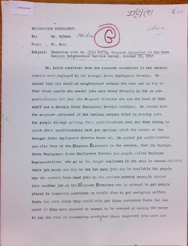 First page of Memo to Mr. Nelson from Isaac Hunt regarding an interview with John Rolle - with handwritten notes