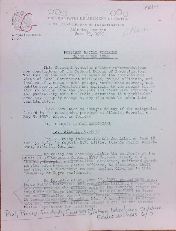 First page of FBI Report: Possible Racial Violence in Major Urban Areas (June 19) - with handwritten notes