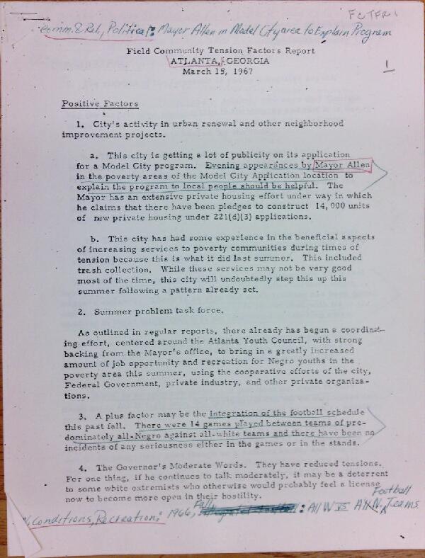 First page of Field Community Tension Factors Report Atlanta, Georgia (March 15) - with handwritten notes