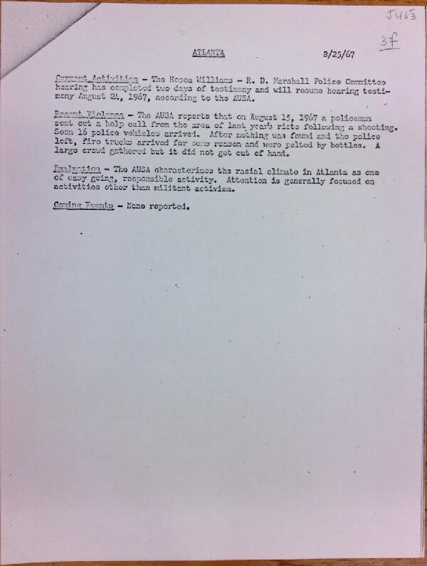 First page of Atlanta report of activities (August 25)