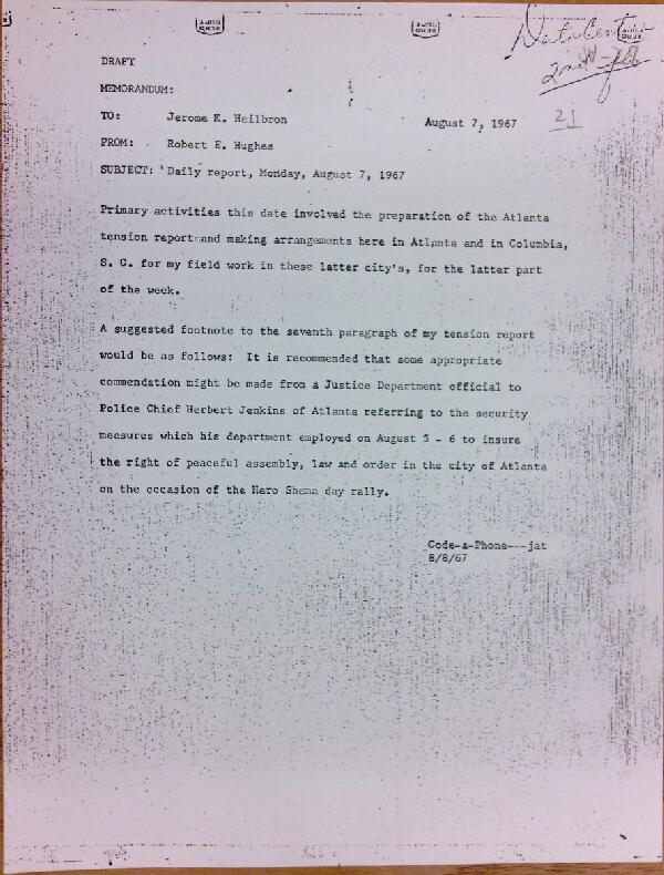 First page of Daily report memo from Robert Hughes to Jerome Heilbron (August 7)