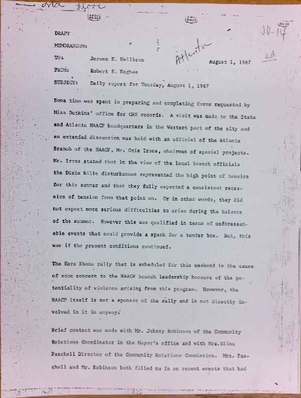 First page of Daily report memo from Robert Hughes to Jerome Heilbron (August 1)