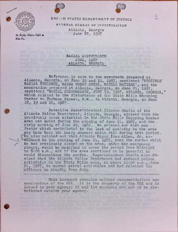 First page of FBI Report: Racial Disturbance June, 1967 Atlanta, Georgia (June 22)