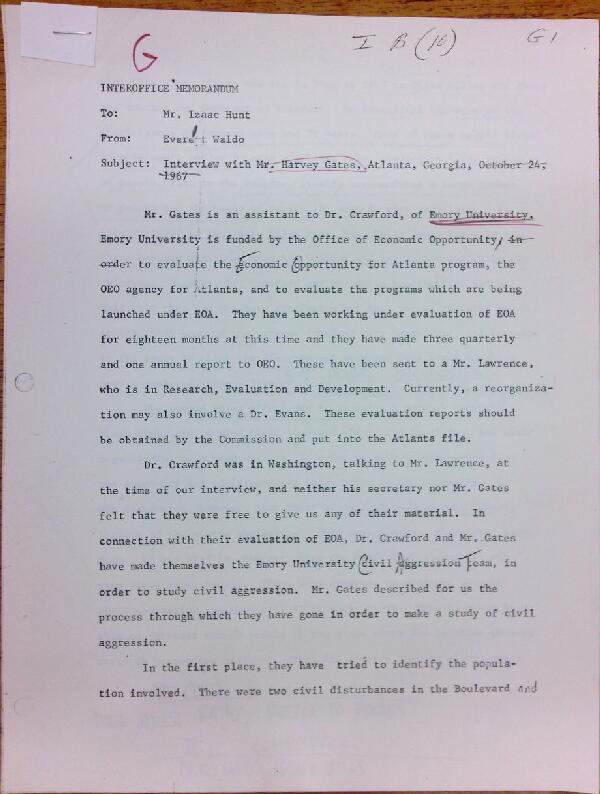 First page of Memo to Isaac Hunt from Everett Waldo regarding an interview with Harvey Gates - with handwritten notes