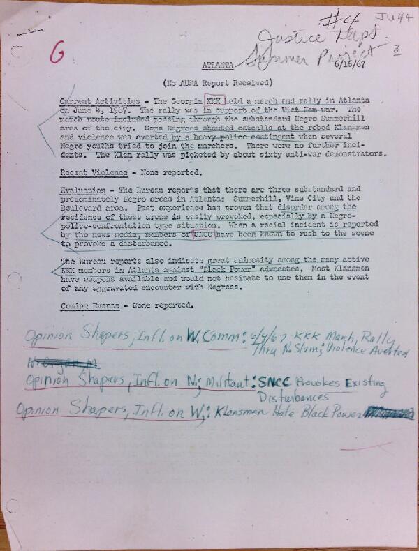 First page of Atlanta report, with handwritten notes (June 16)