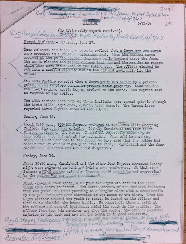 First page of Atlanta report, with handwritten notes (June 23)
