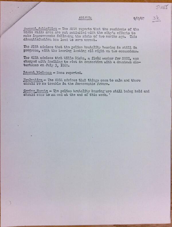 First page of Atlanta report of activities (September 8)