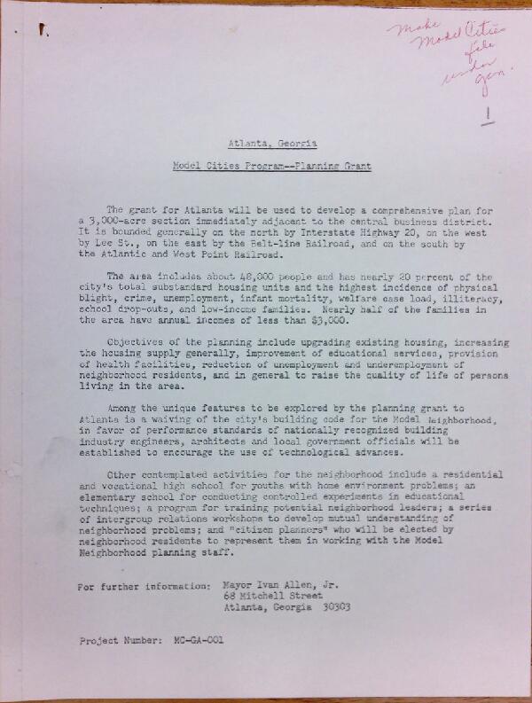First page of Model Cities Program planning grant application with handwritten notes