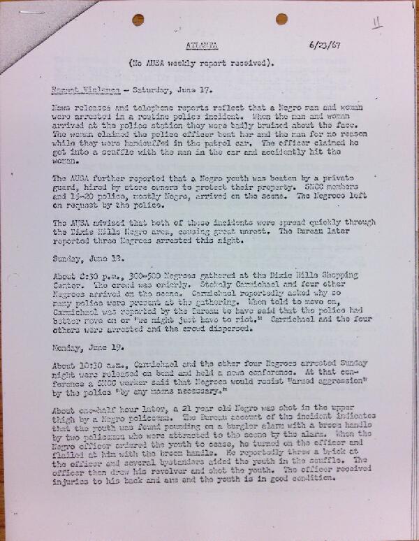 First page of Atlanta report of activities (June 23)