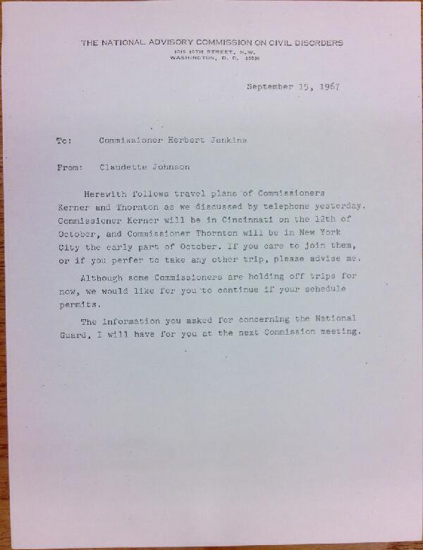 First page of Memo from Claudette Johnson to Herbert Jenkins (September 15)