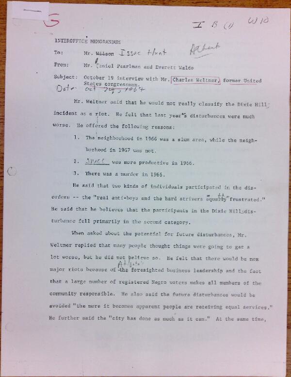 First page of Memo to Isaac Hunt from Daniel Pearlman and Everett Waldo about an interview with Charles Weltner - with handwritten notes