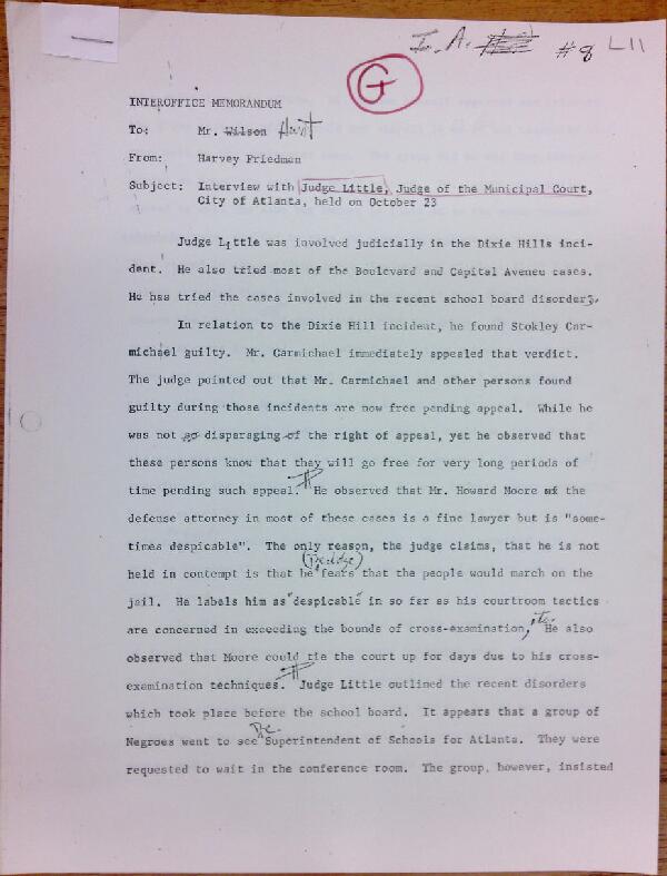 First page of Memo to Isaac Hunt from Harvey Friedman regarding an interview with Judge Little - with handwritten notes