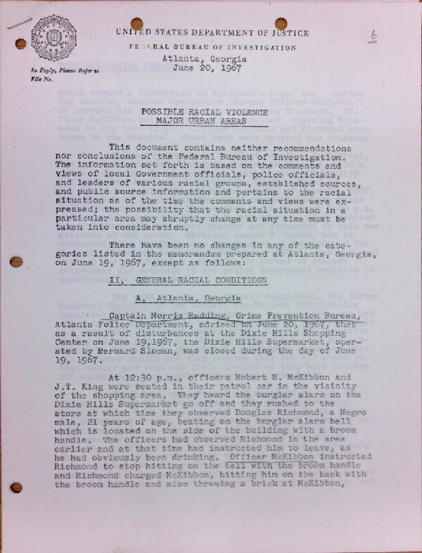 First page of FBI Report: Possible Racial Violence Major Urban Areas (June 20)