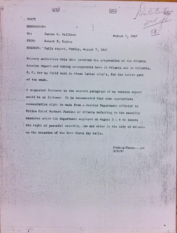 First page of Daily report memo from Robert Hughes to Jerome Heilbron (August 7)