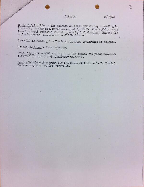 First page of Atlanta report of activities (August 18)