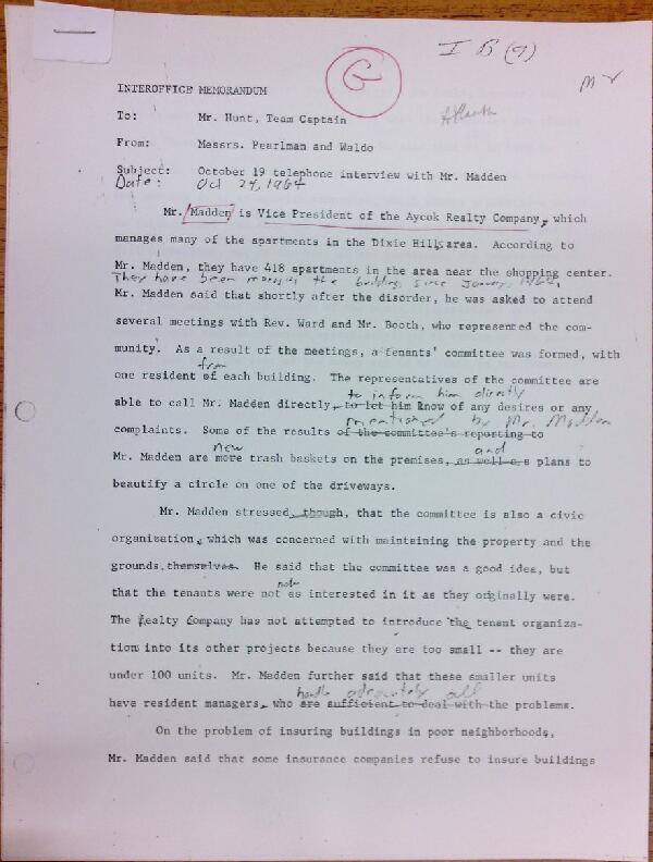 First page of Memo to Isaac Hunt from Daniel Pearlman and Everett Waldo regarding an interview with Mr. Madden - with handwritten notes
