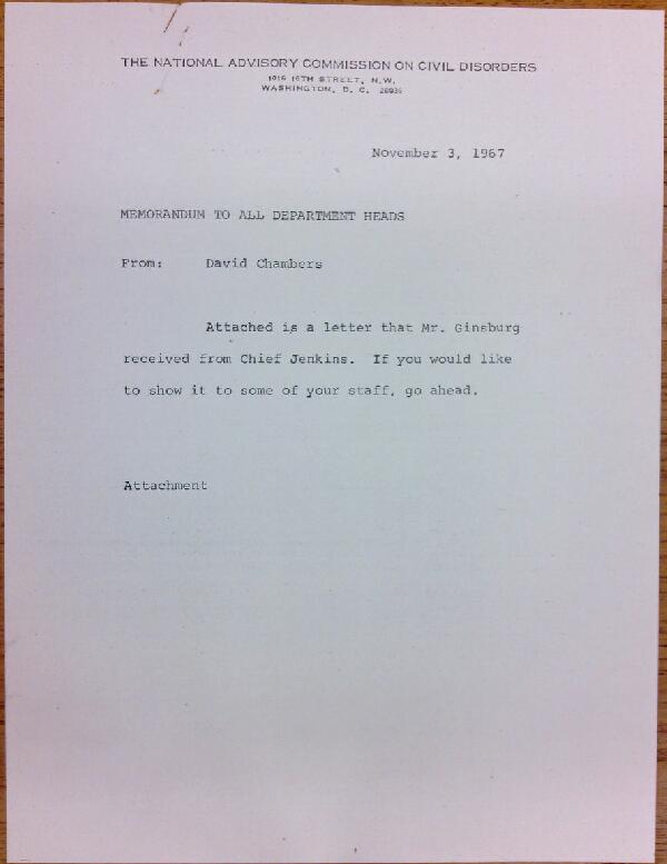 First page of Letter from Herbert Jenkins to David Ginsburg with attached memo from David Chambers