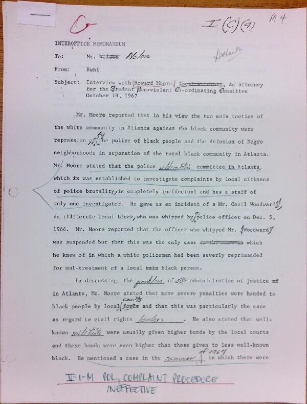 First page of Memo to Mr. Nelson from Isaac Hunt regarding an interview with Howard Moore - with handwritten notes