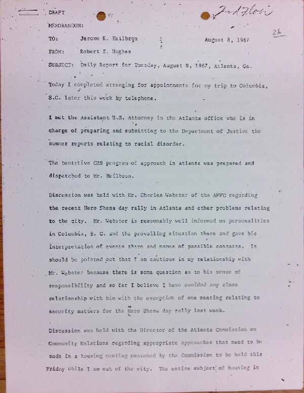 First page of Daily report memo from Robert Hughes to Jerome Heilbron (August 8)