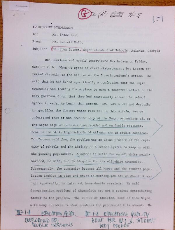 First page of Memo to Isaac Hunt from Mr. Everett Waldo regarding an interview with John Letson - with handwritten notes