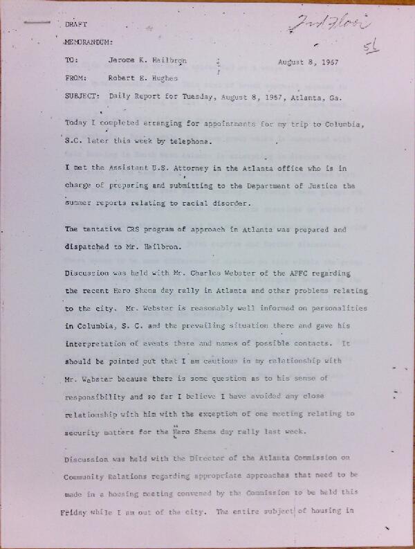 First page of Daily report memo from Robert Hughes to Jerome Heilbron (August 8)