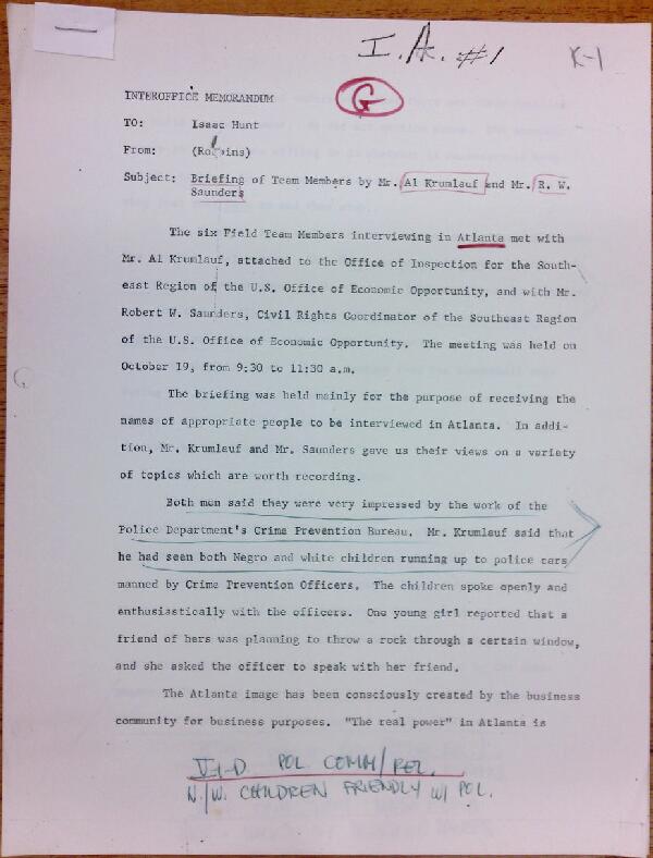 First page of Memo to Isaac Hunt from (Eleanor?) Robbins regarding the briefing of team members by Al Krumlauf and R.W. Saunders - with handwritten notes