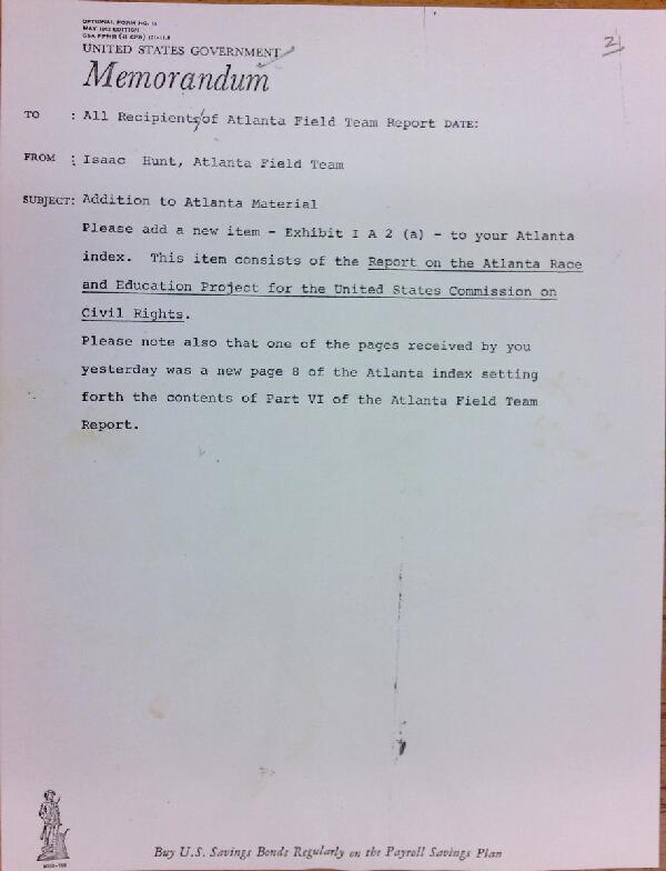 First page of Memo from Isaac Hunt, Atlanta Field Team