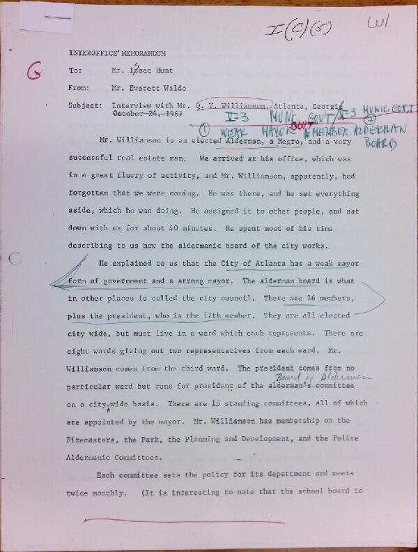 First page of Memo to Isaac Hunt from Everett Waldo regarding an interview with Q.V. Williamson - with handwritten notes