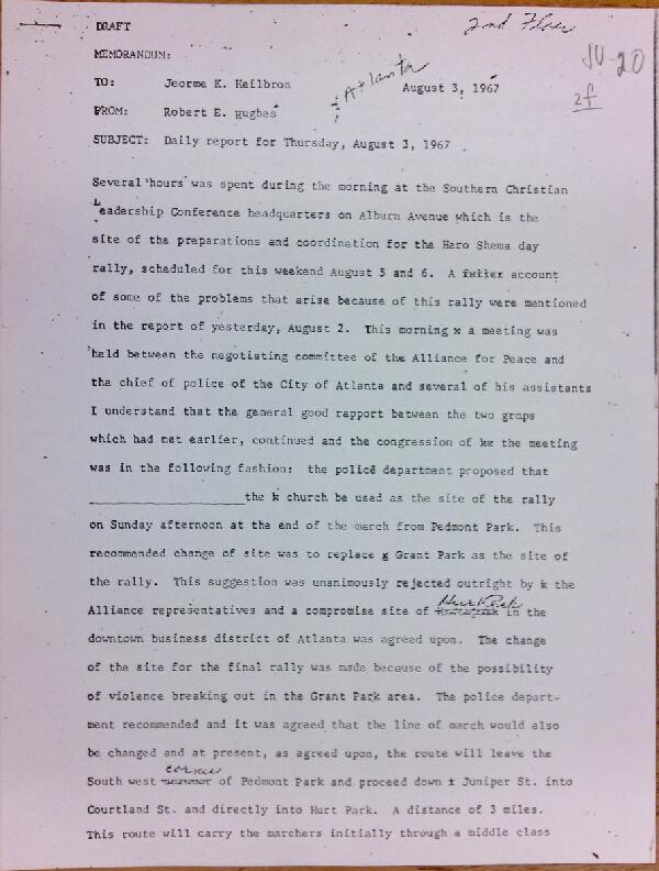 First page of Daily report memo from Robert Hughes to Jerome Heilbron (August 3)