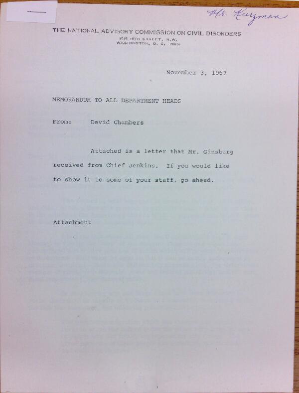 First page of Letter from Herbert Jenkins to David Ginsburg with attached memo from David Chambers