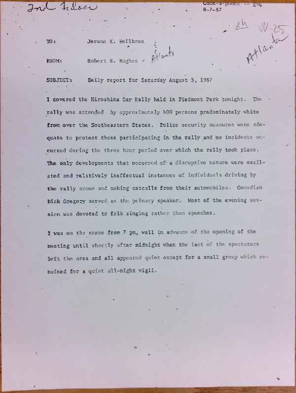 First page of Daily report memo from Robert Hughes to Jerome Heilbron (August 5)
