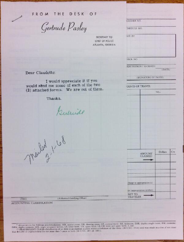 First page of Note from Gertrude Pasley, Secretary to Herbert Jenkins, attached to blank travel paperwork