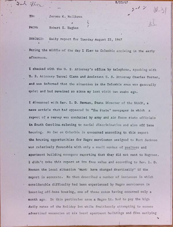 First page of Daily report memo from Robert Hughes to Jerome Heilbron (August 22)