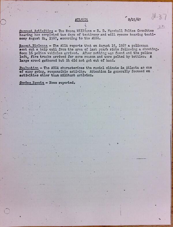 First page of Atlanta report of activities (August 25)