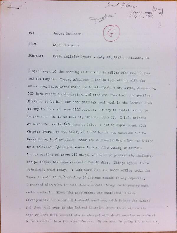 First page of Daily report memo from Lamar Clements to Jerome Heilbron (July 17) - with handwritten edits