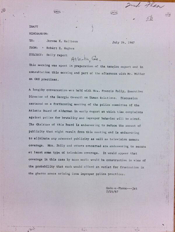 First page of Daily report memo from Robert Hughes to Jerome Heilbron (July 24)