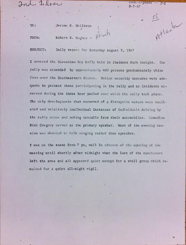 First page of Daily report memo from Robert Hughes to Jerome Heilbron (August 5)