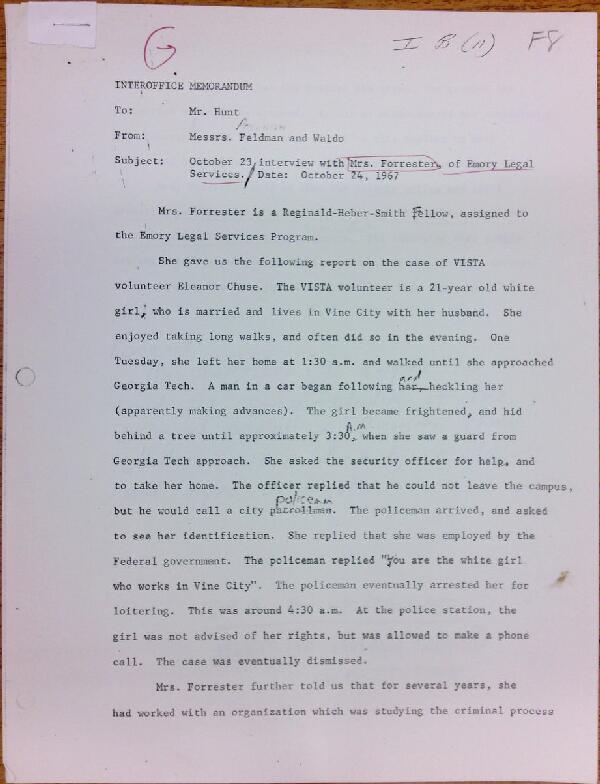 First page of Memo to Isaac Hunt from Feldman and Waldo regarding an interview with Mrs. Forrester - with handwritten notes