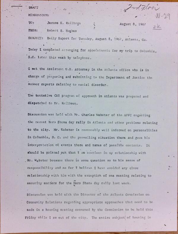 First page of Daily report memo from Robert Hughes to Jerome Heilbron (August 8)