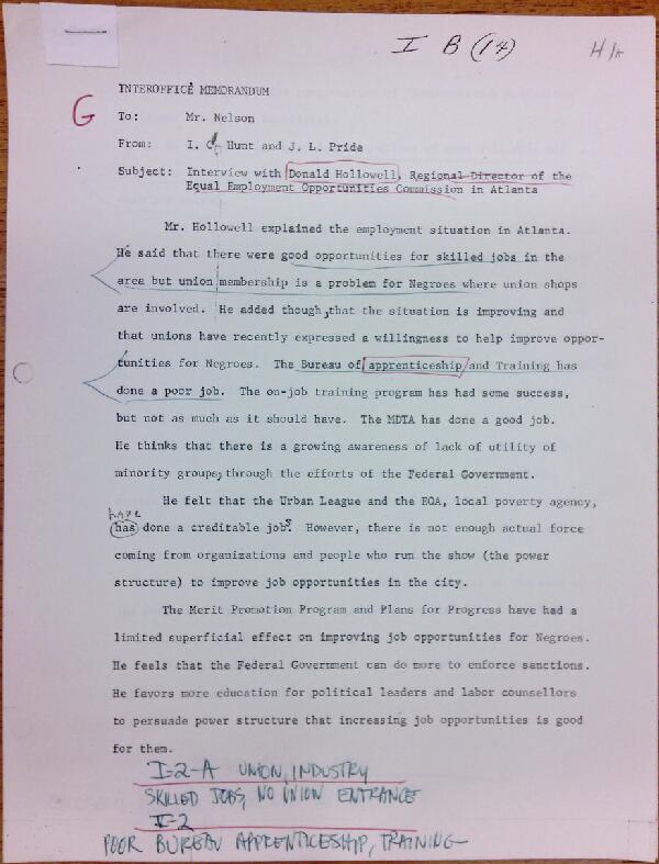 First page of Memo to Mr. Nelson from Isaac Hunt and J.L. Pride regarding an interview with Donald Hollowell - with handwritten notes
