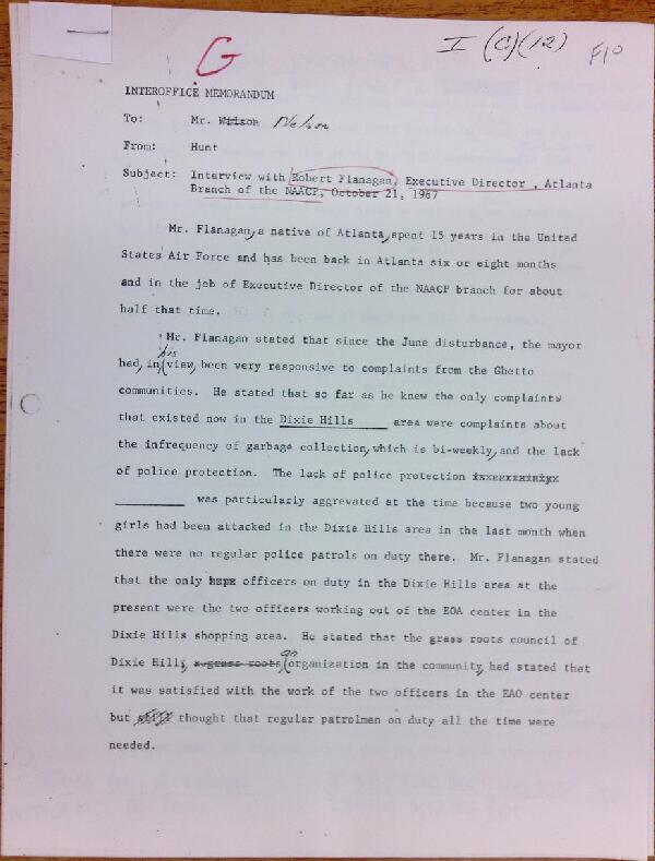 First page of Memo to Mr. Nelson from Isaac Hunt regarding an interview with Robert Flanagan - with handwritten notes