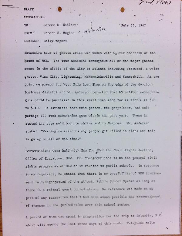 First page of Daily report memo from Robert Hughes to Jerome Heilbron (July 25)